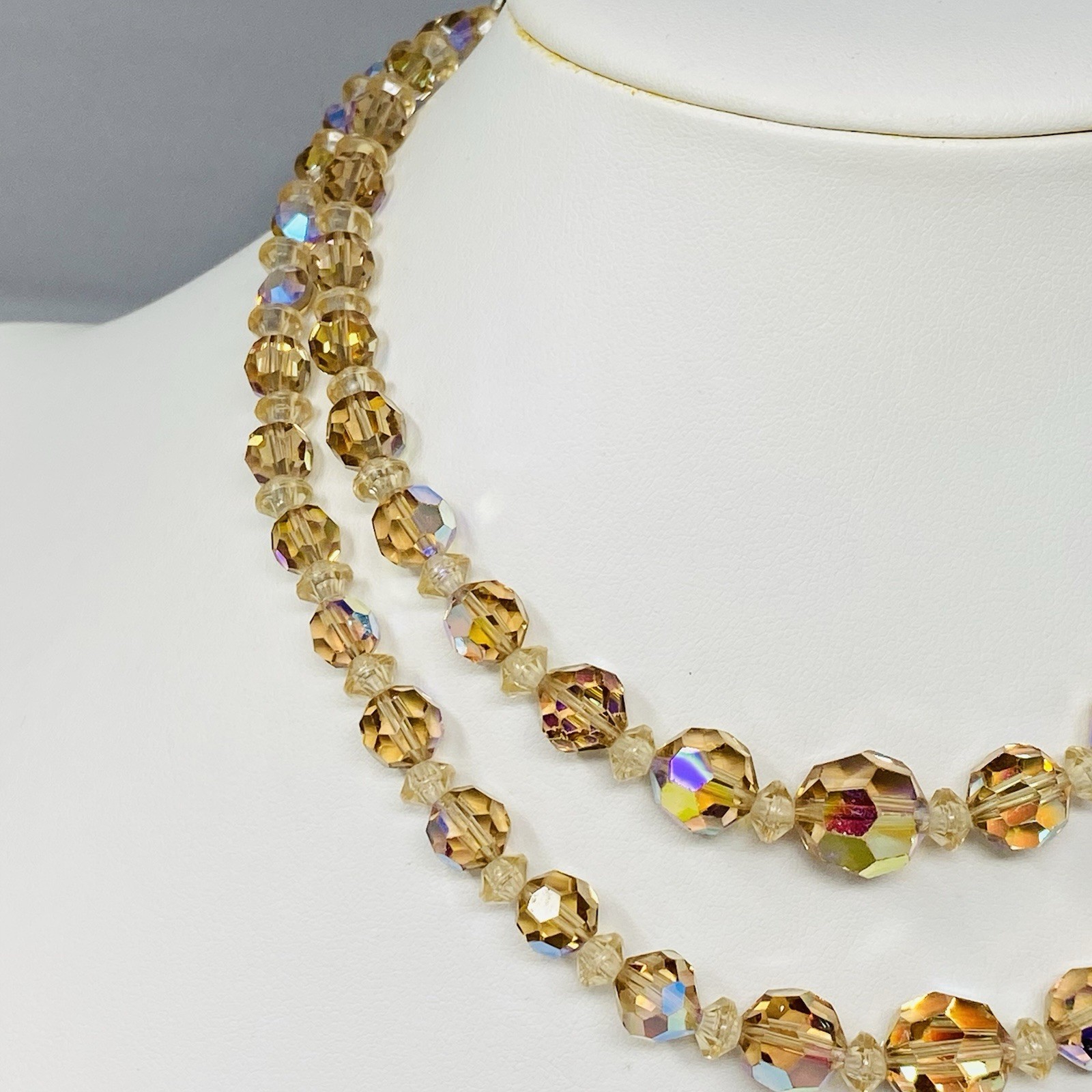 VTG Crystal Beaded Necklace Champagne Aurora Borealis Faceted Double Strand 15″