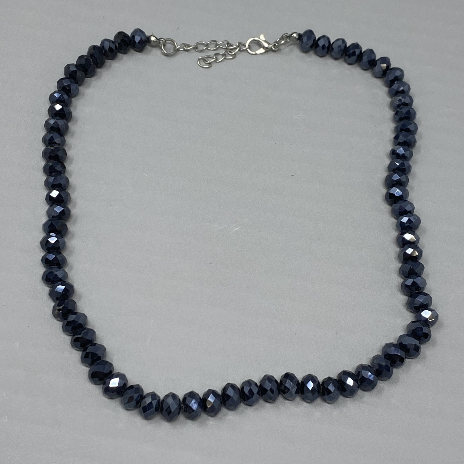 Blue Glass Bead Necklace Iridescent Round Faceted Dark Fire Polished Collar 18″