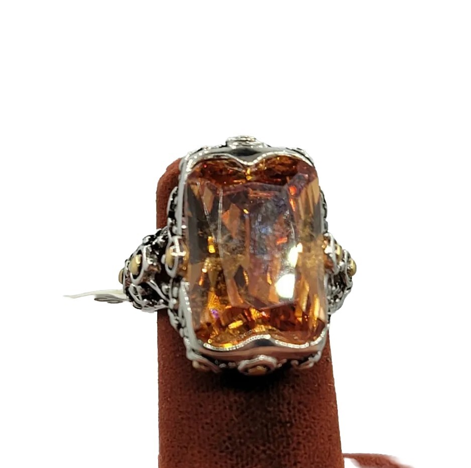 Vtg Sz 7 Ring Lg Citrine Topaz Cubic Zirconia 2-tone Statement Fashion Jewelry T