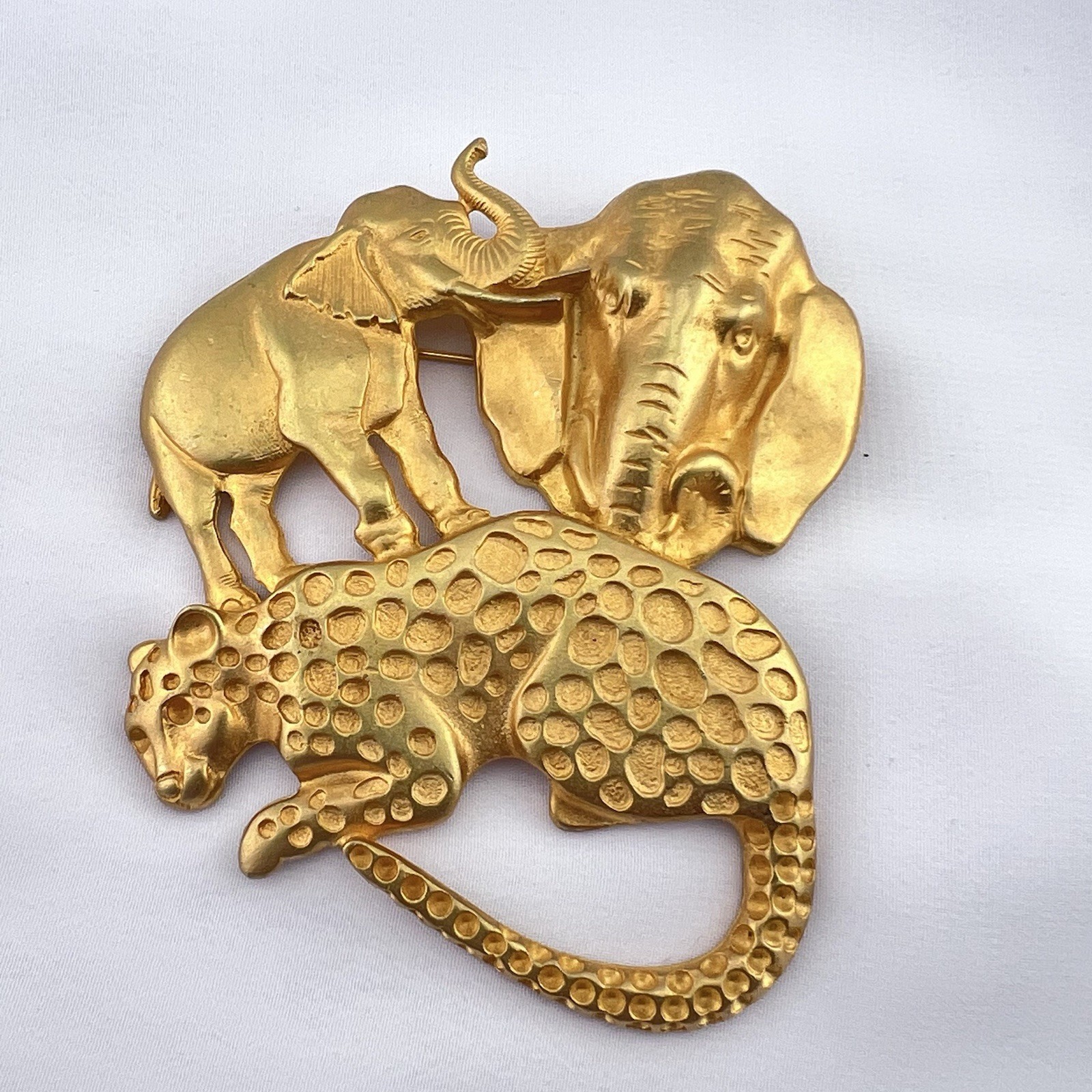 Vintage Safari Brooch Pin Animal Elephant Leopard Large Matte Gold Tone Estate