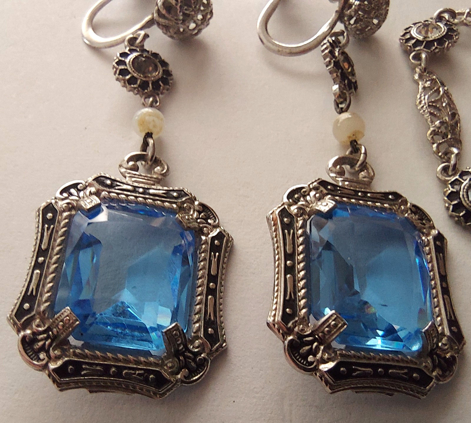 Antique Art Deco Blue Faceted Glass Ornate Filigree Bracelet & Earrings Set