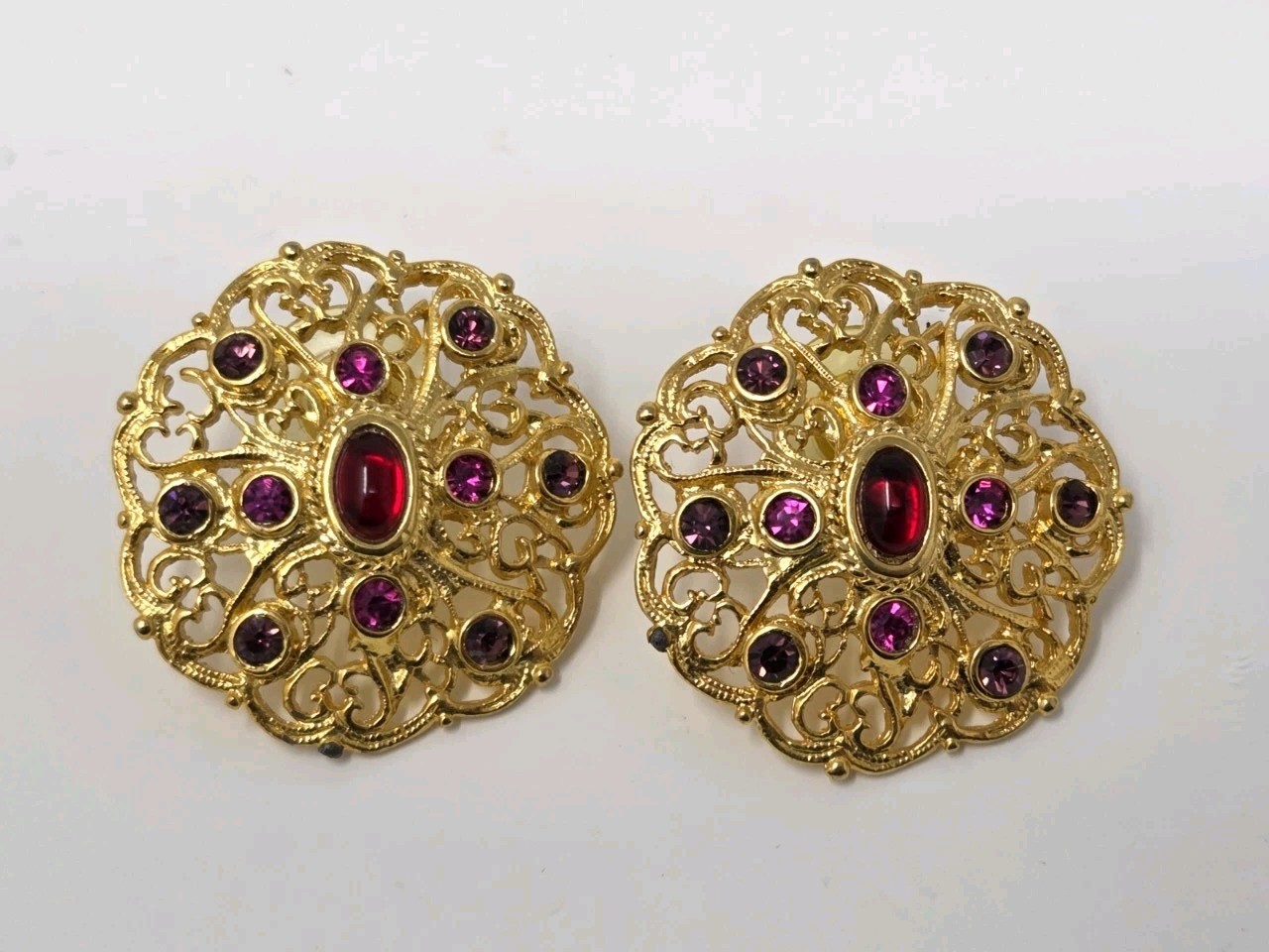Gold Tone Filigree Earrings w/ Red Cabochons & Purple Pink Rhinestones Vintage