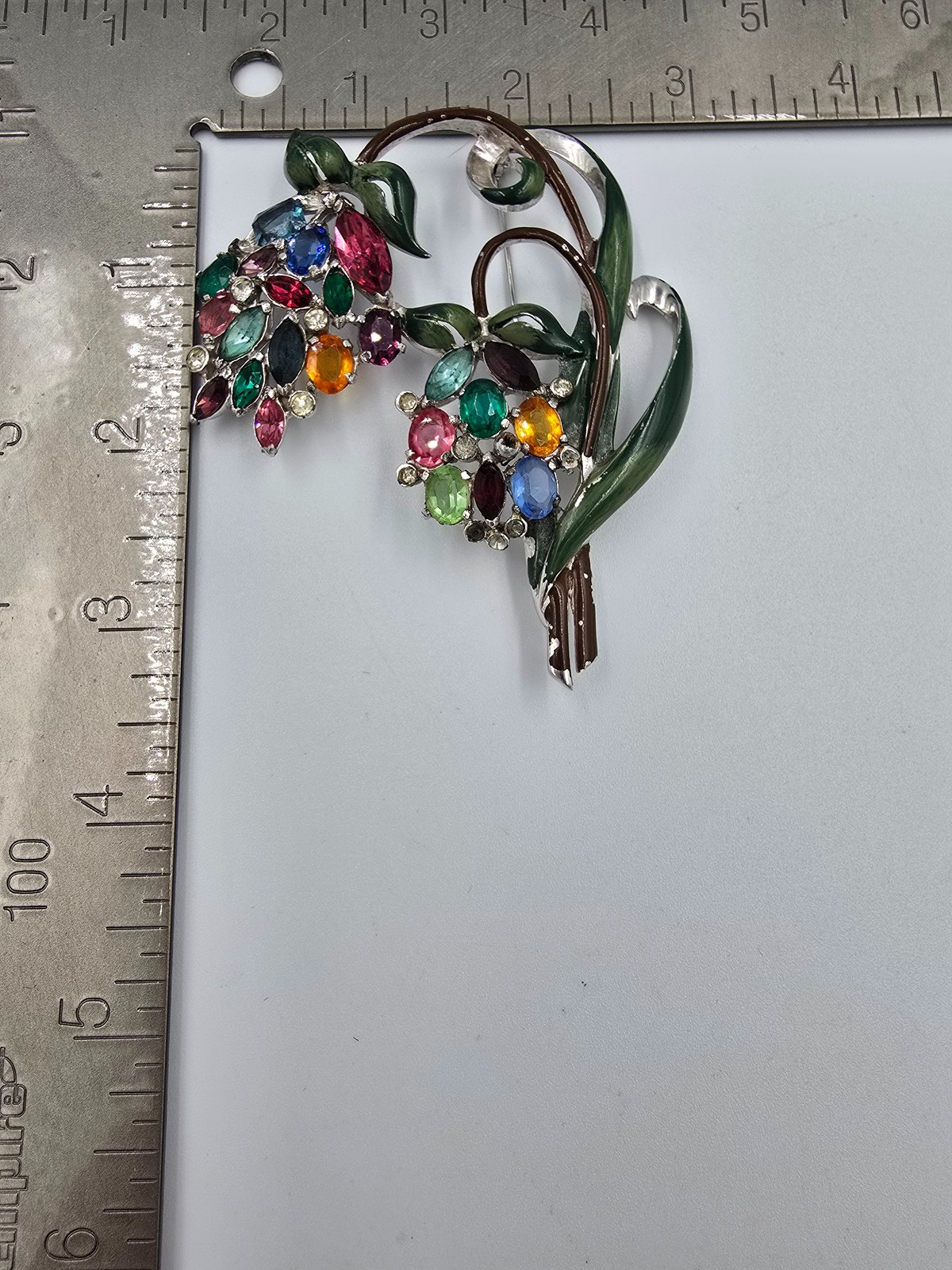 Vintage Enamel Pot Metal Flower Brooch Pin Multicolor Rhinestone Floral Bouquet