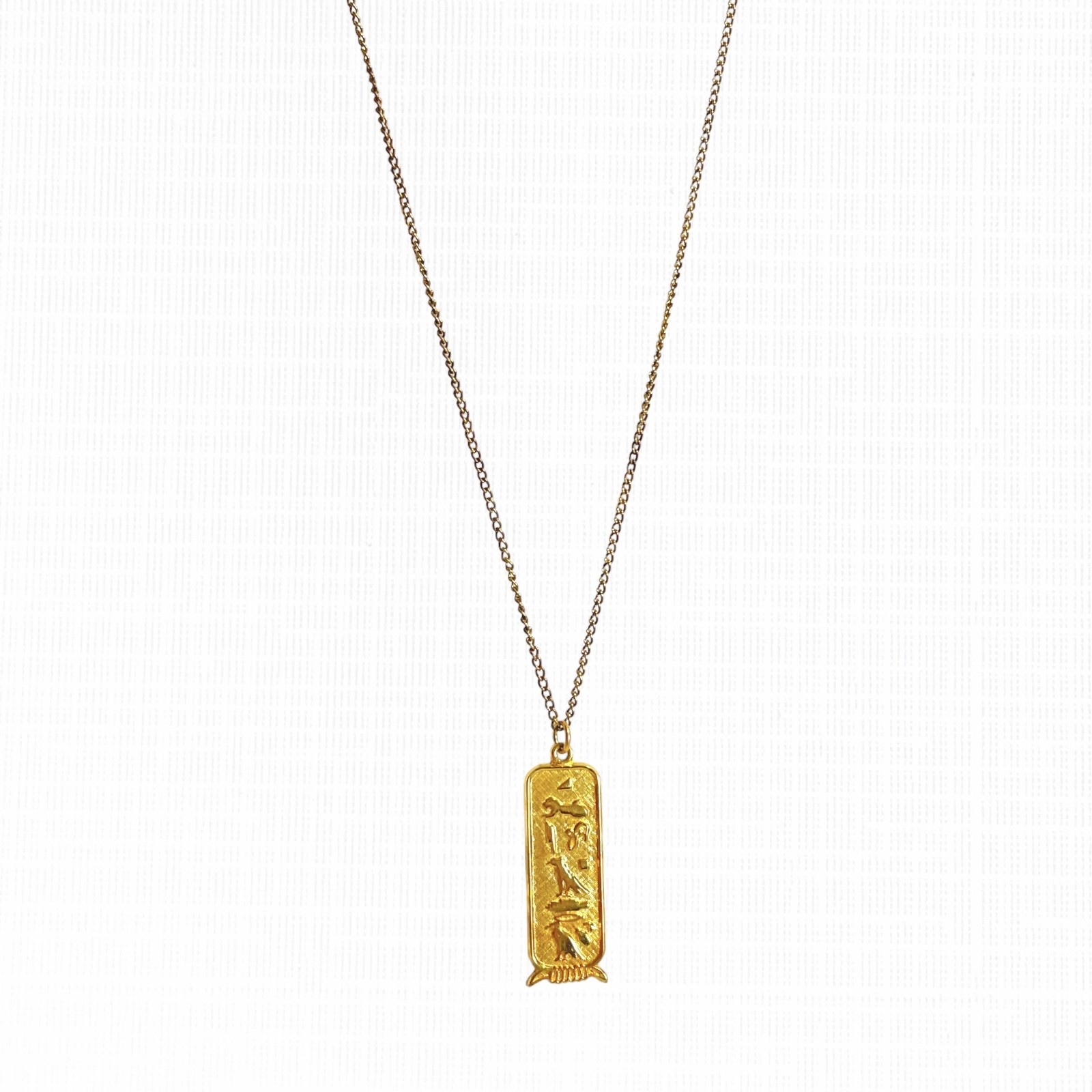 Vintage Egyptian Hieroglyphic Pendant Necklace Gold Tone Cartouche Charm 24″