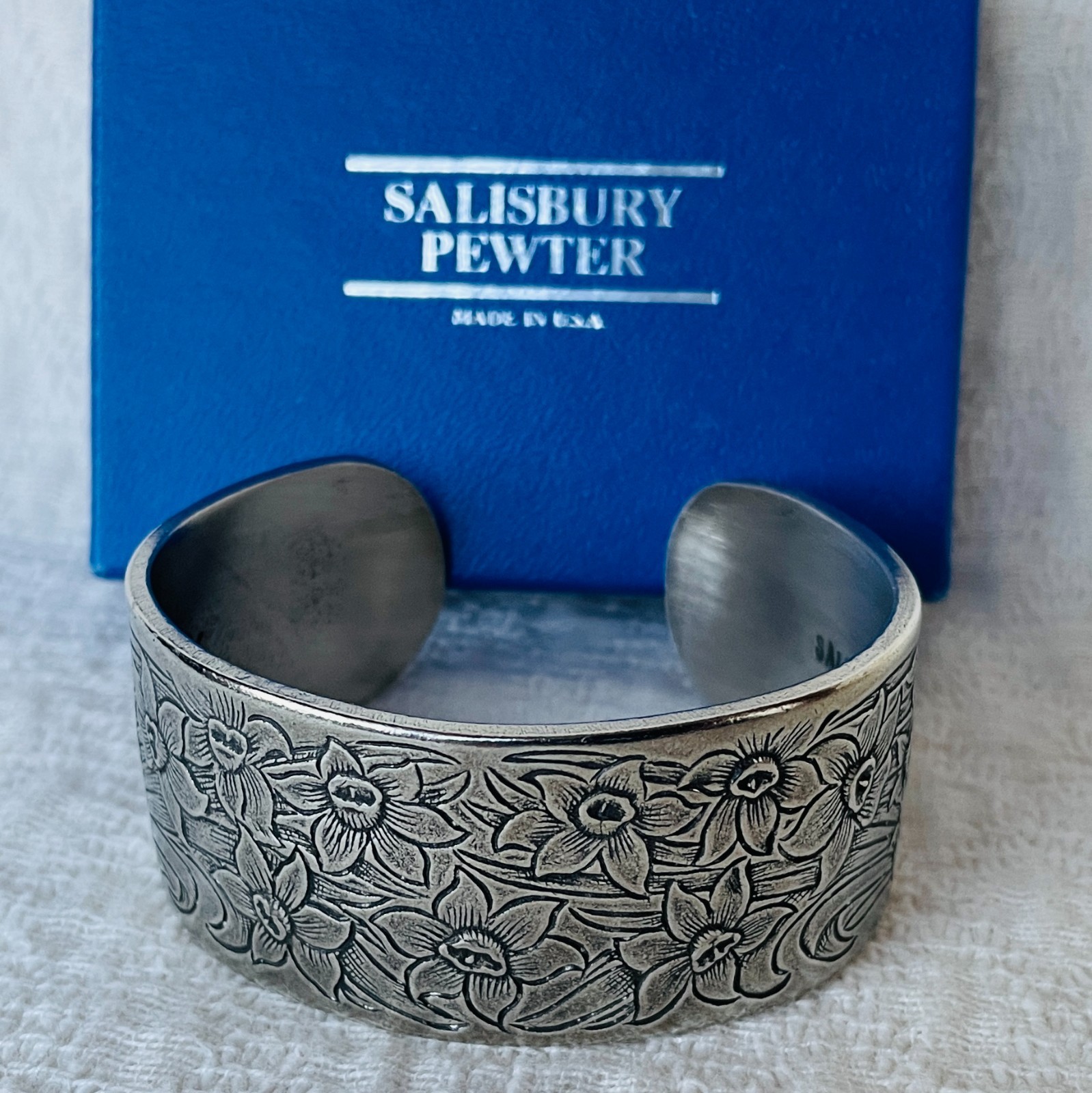 Vintage Salisbury Pewter March Flower Wide Cuff Bracelet, Adjustable, Never Worn