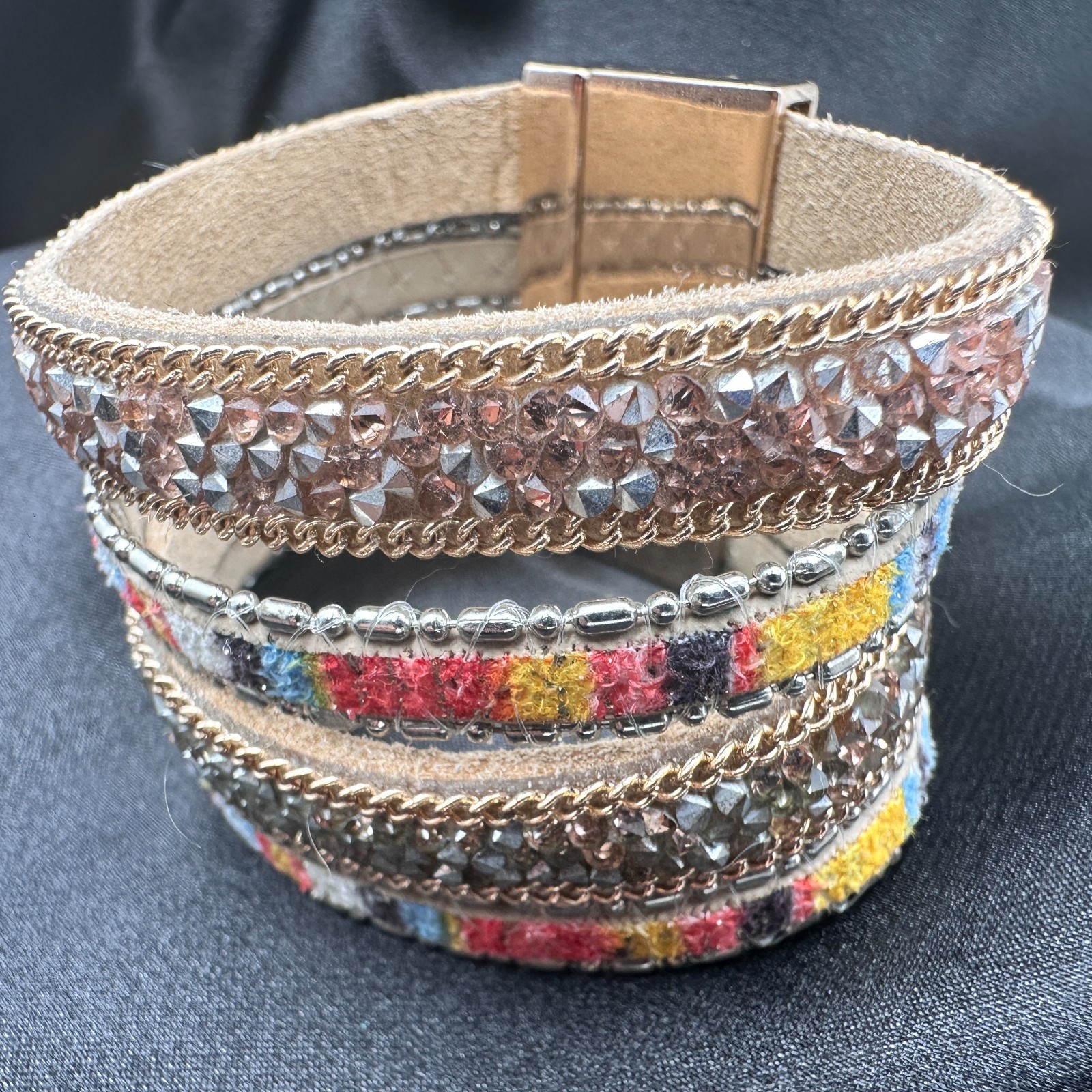 Vintage 90s Multi-Strand Wrap Bracelet Glass Fabric Statement Fashion Jewelry