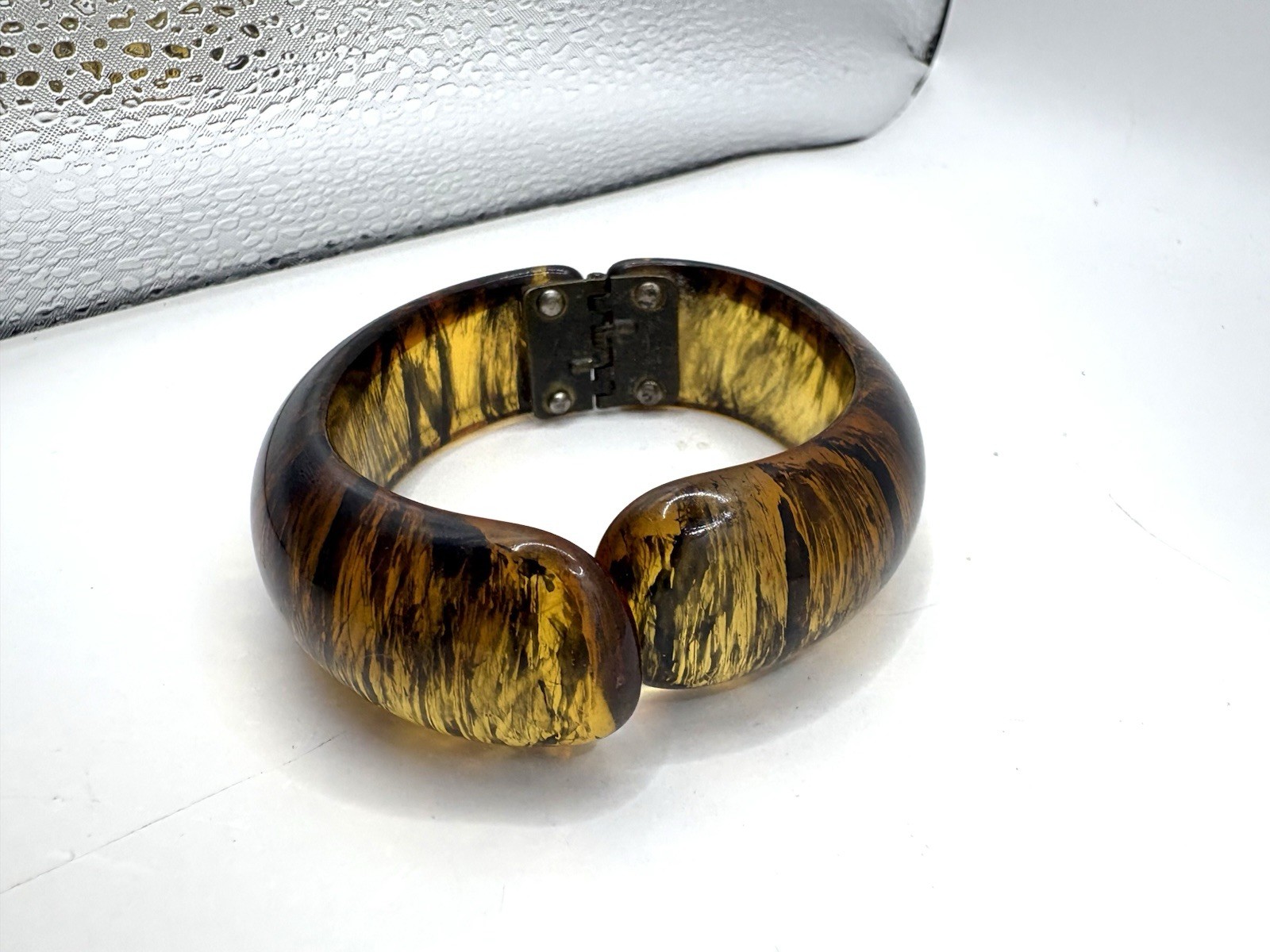 Rutilated Amber Resin Hinged Bypass Cuff Bracelet 6-6.5”