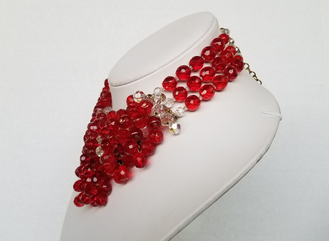 Vintage Signed France AB Bead & Red Glass Cluster Bead Necklace