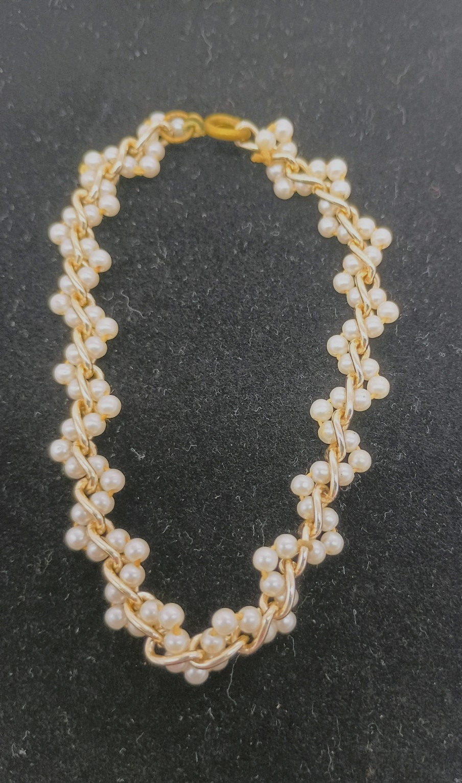 Gold Tone Woven Faux Seed Pearl Dainty Bracelet 7″ Ring Clasp Hand Knotted