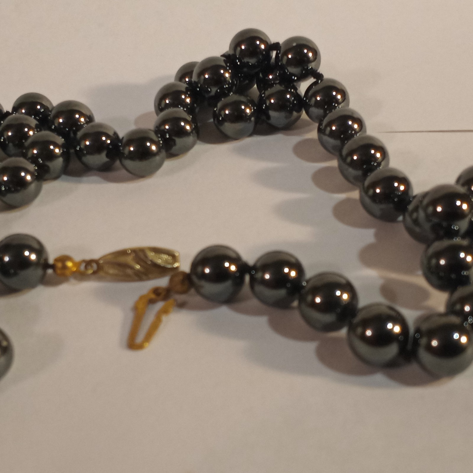 Rich Hematite Beaded Necklace Gilt Sterling Silver Clasp 22 inches Germany