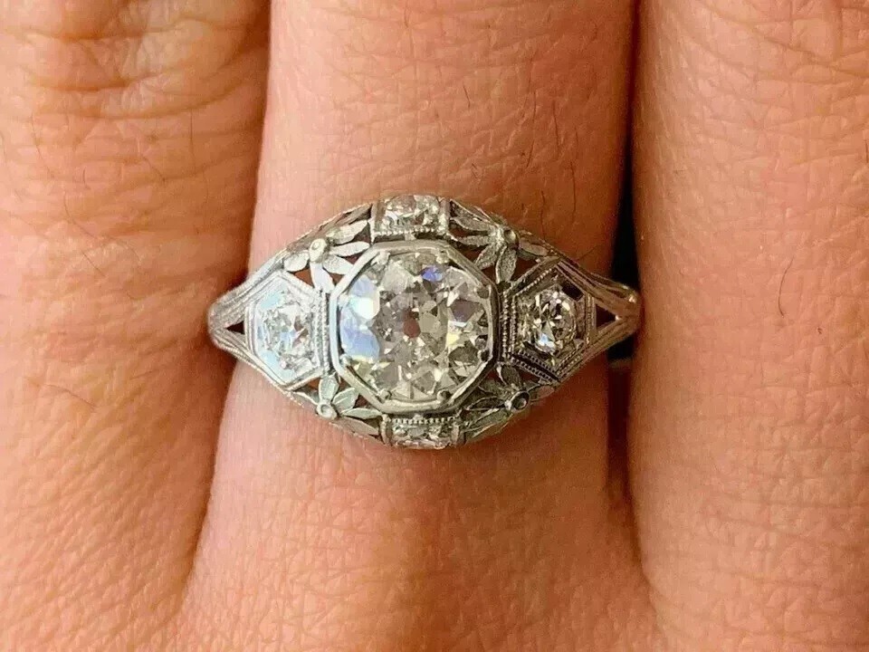 Art Deco Filigree Engagement Ring Vintage Diamond Navette Ring14K White Gold FN