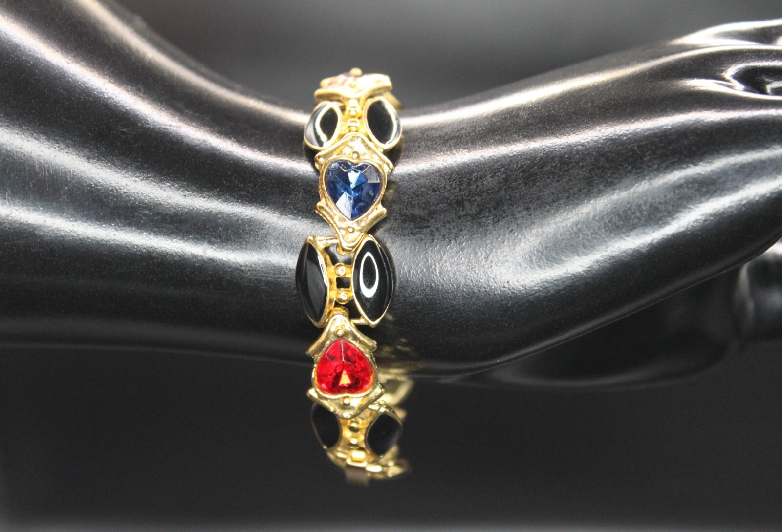 Vintage ORENA of PARIS France Rhinestones Enamel Heart Link Bracelet Gold Tone