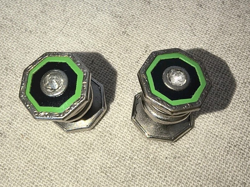 VTG 1930s Snap Link CUFFLINKS CELLULOID BRIGHT GREEN & Black Clear Rhinestone