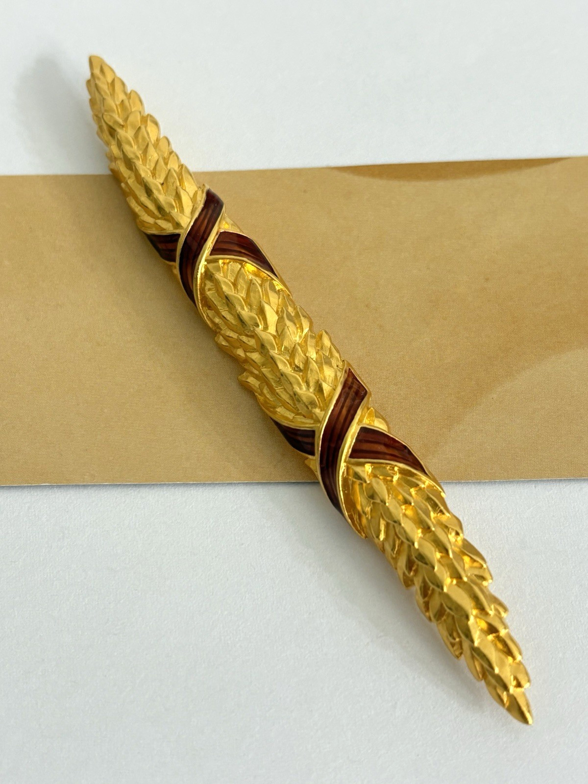 Vintage Karl Lagerfeld Wheat Brooch Brushed Matte Gold Tone Finish Red Enamel