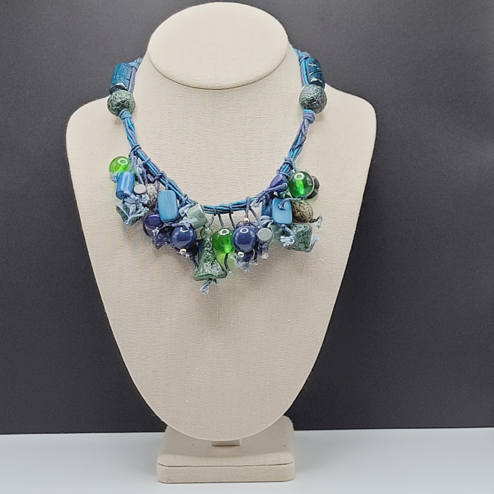 Eclectic Artsy Artisan Braided Cotton Mixed Material Beaded Vintage Necklace