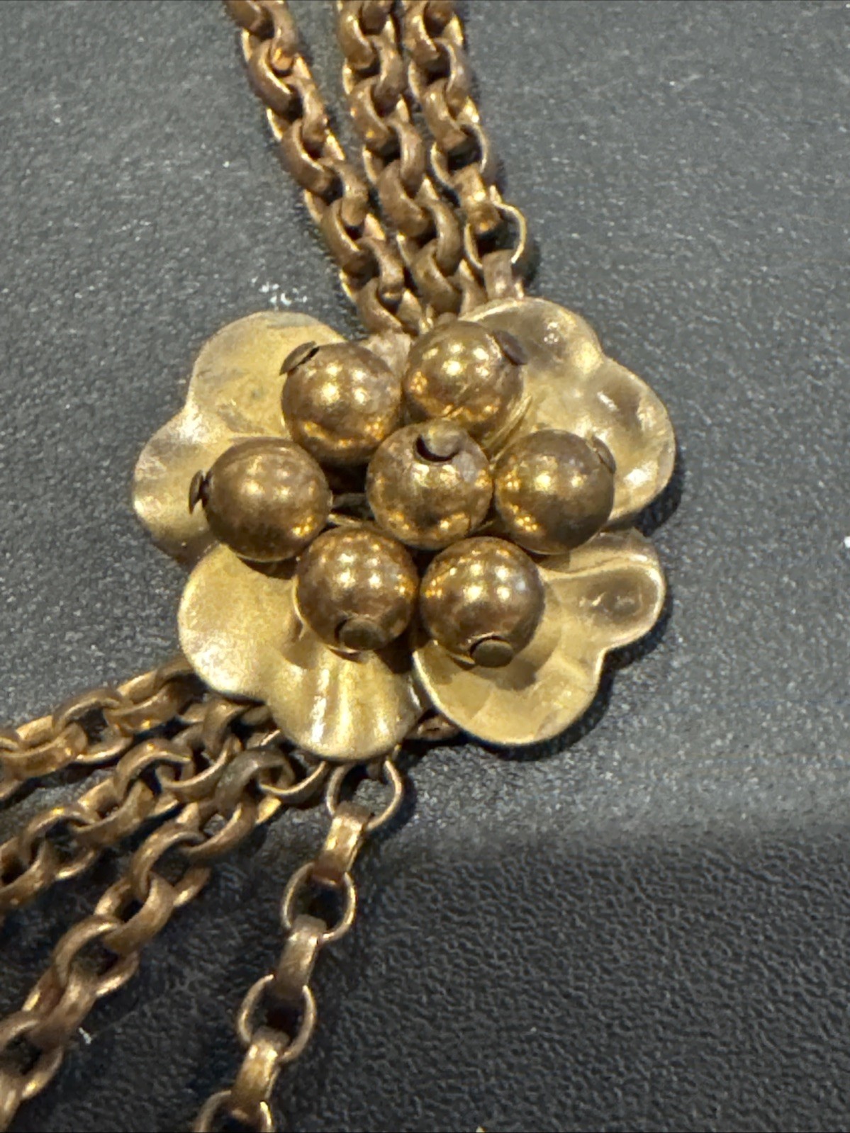 ANTIQUE VINTAGE FESTOON NECKLACE GOLDWASH BRASS FILIGREE ROSETTES DANGLES