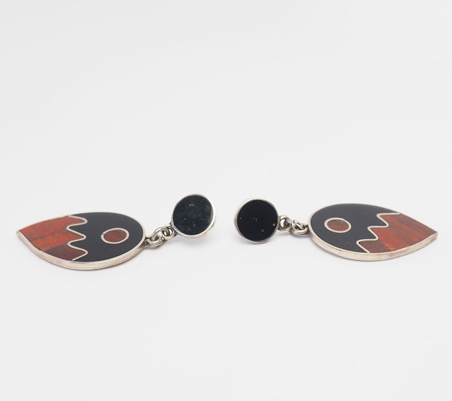 Modern vintage sterling silver inlaid wood black enamel earrings Forbes
