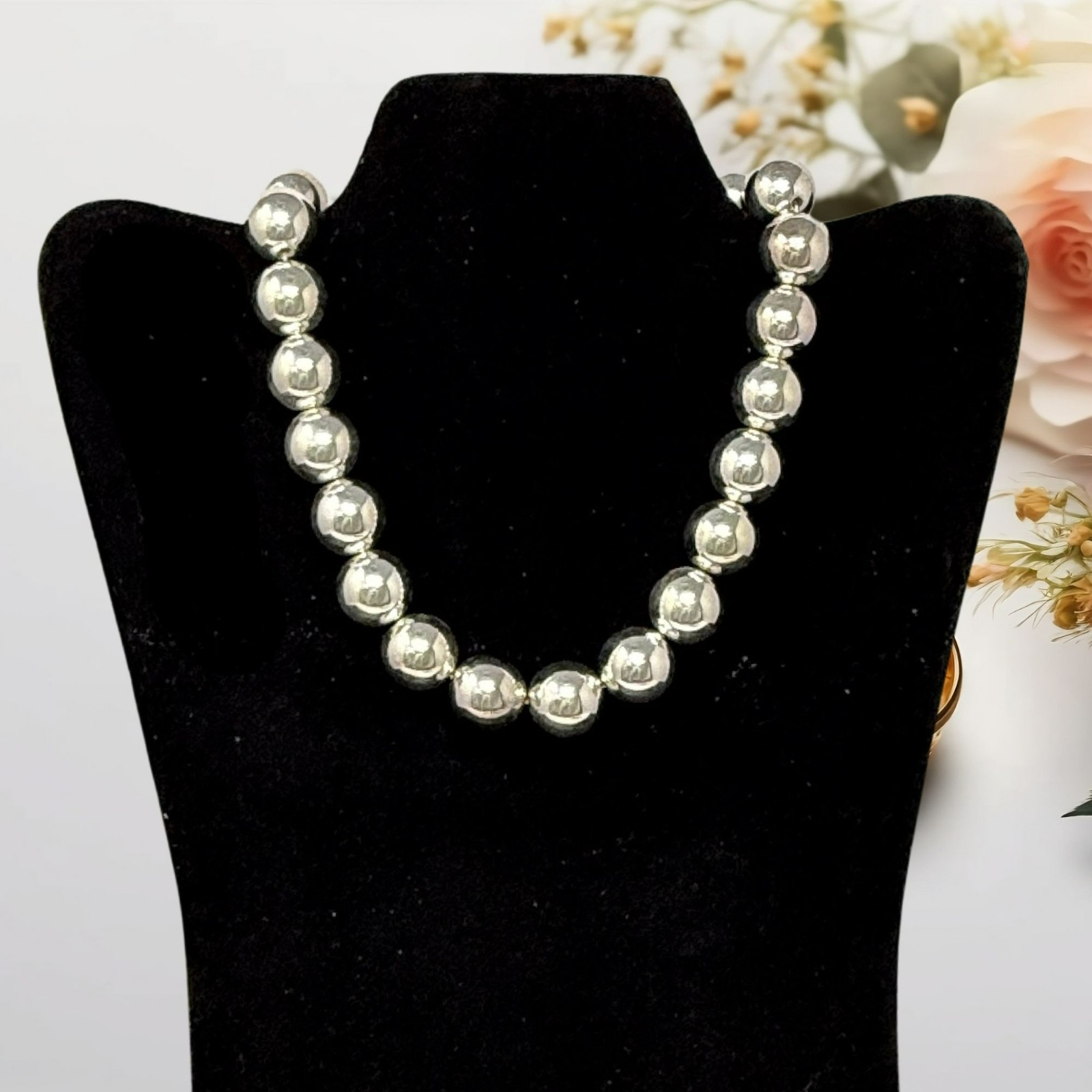 Vintage 16″ Necklace Heavy Silver Tone 16mm Bead 64 Grams NOS Bridesmaids Gift