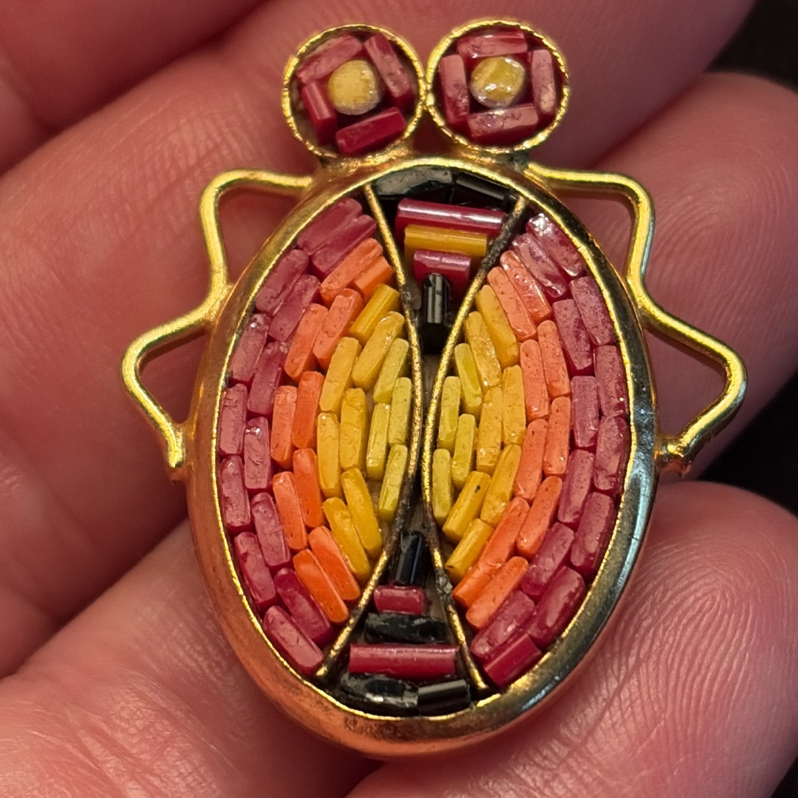 VTG Micro Mosaic Pin Brooch ~ ITALY Gold Tone ~ Bug Insect Ladybug Beetle Scarab