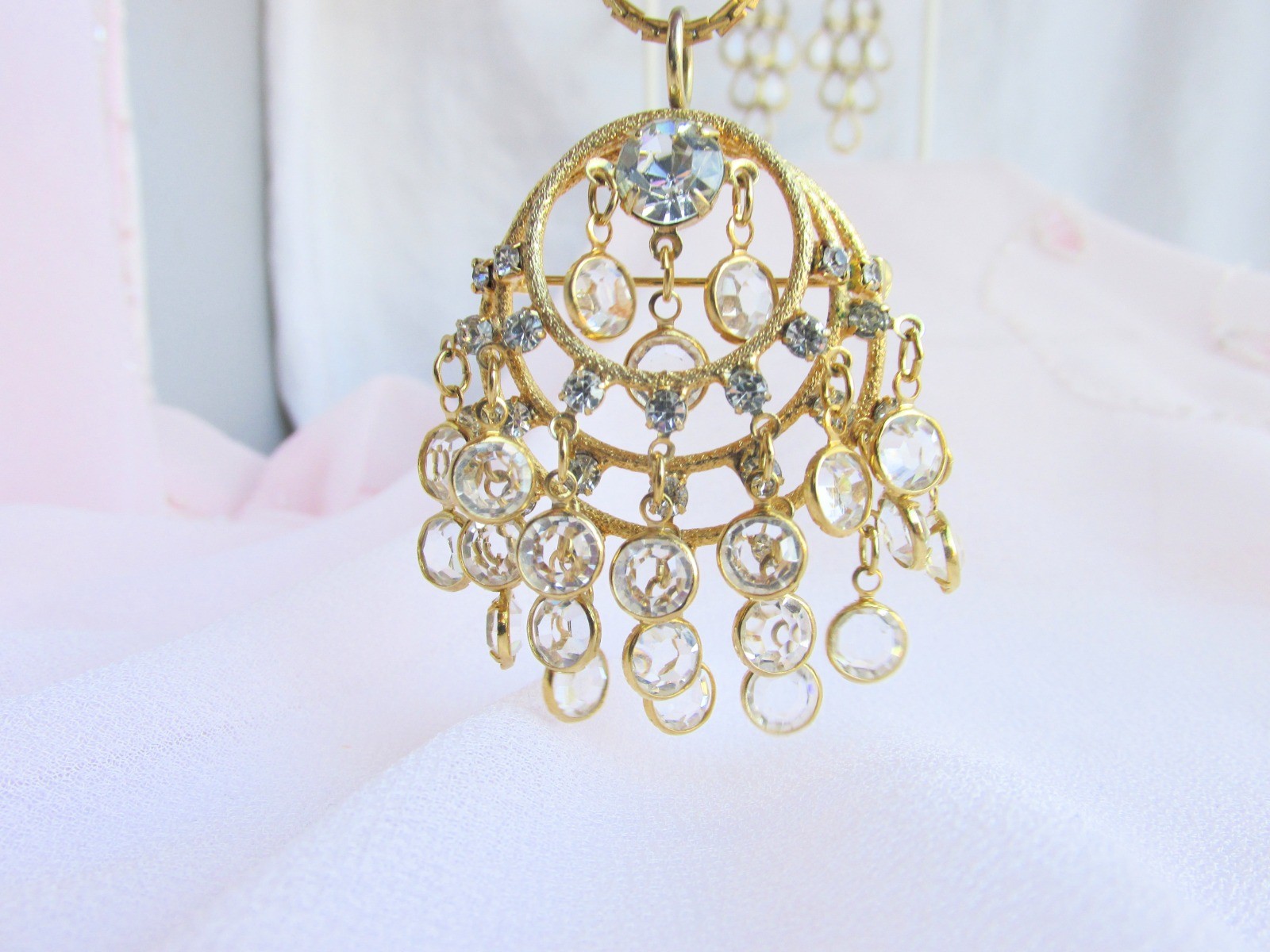 Lia Sophia Kiam Collection “Crystal Chandelier” Matte GoldTone Earrings +Pendant