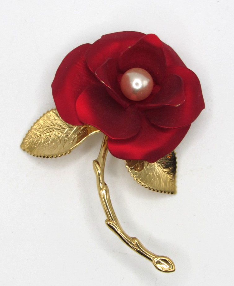 Vtg Red Satin Poppy Flower Pin Brooch Large Layered 3D Flower Power 2 3/4″