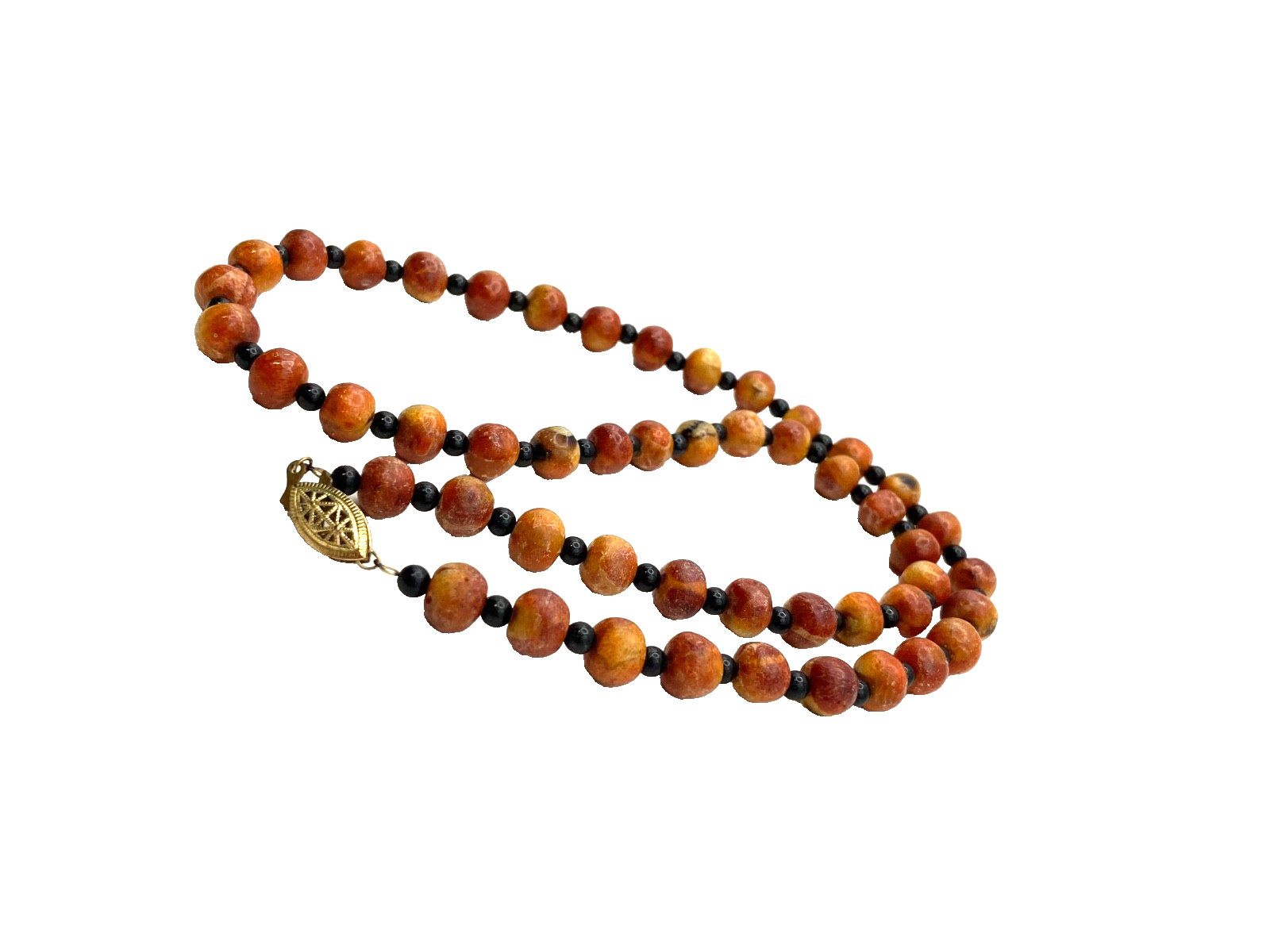 Vintage Apple Sponge Coral Red/Orange Beaded Necklace Black Agate? Gold Tone 24″