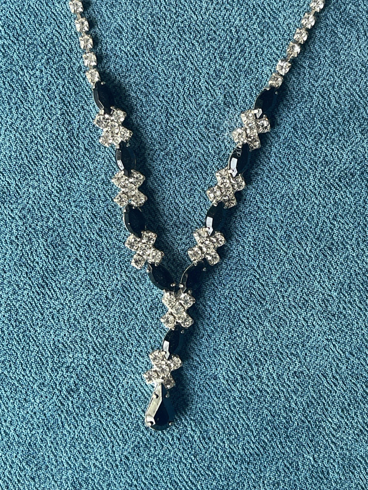 Vintage Rhinestone Necklace & Earrings Black Clear Stones Bridal Prom Jewelry