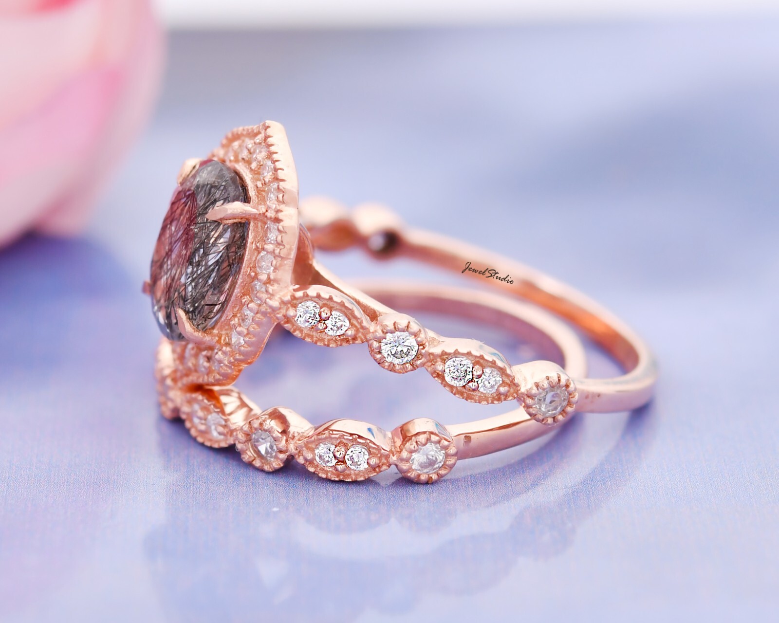2PCS Black Rutile Ring Engagement band Ring Bridal Ring Black Diamond Ring Gifts