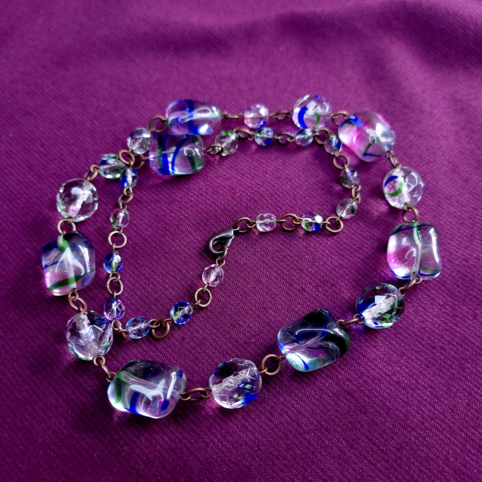 Art Deco Style Iris Glass Necklace 22inch Multicolor Glass Czech Old Beads