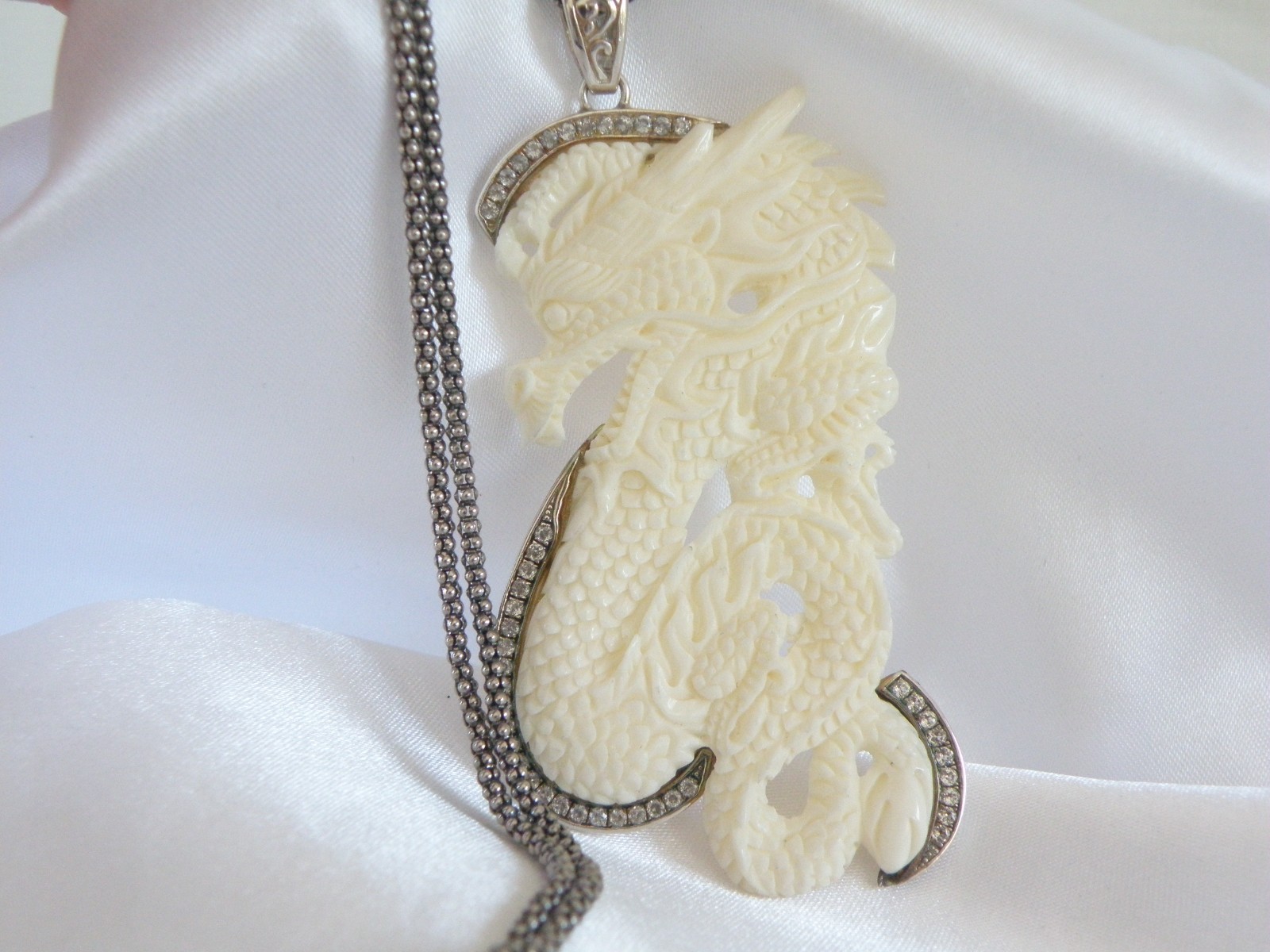 Huge Samuel B Carved CZ Dragon Statement Pendant Popcorn Mesh Necklace