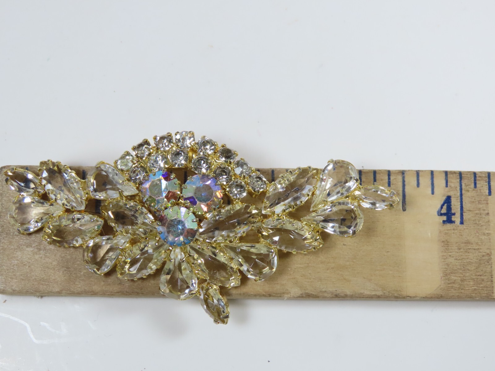 AB Rhinestone Brooch Pin VTG Clear Crystal Cluster Spray Prong Stunning D1580