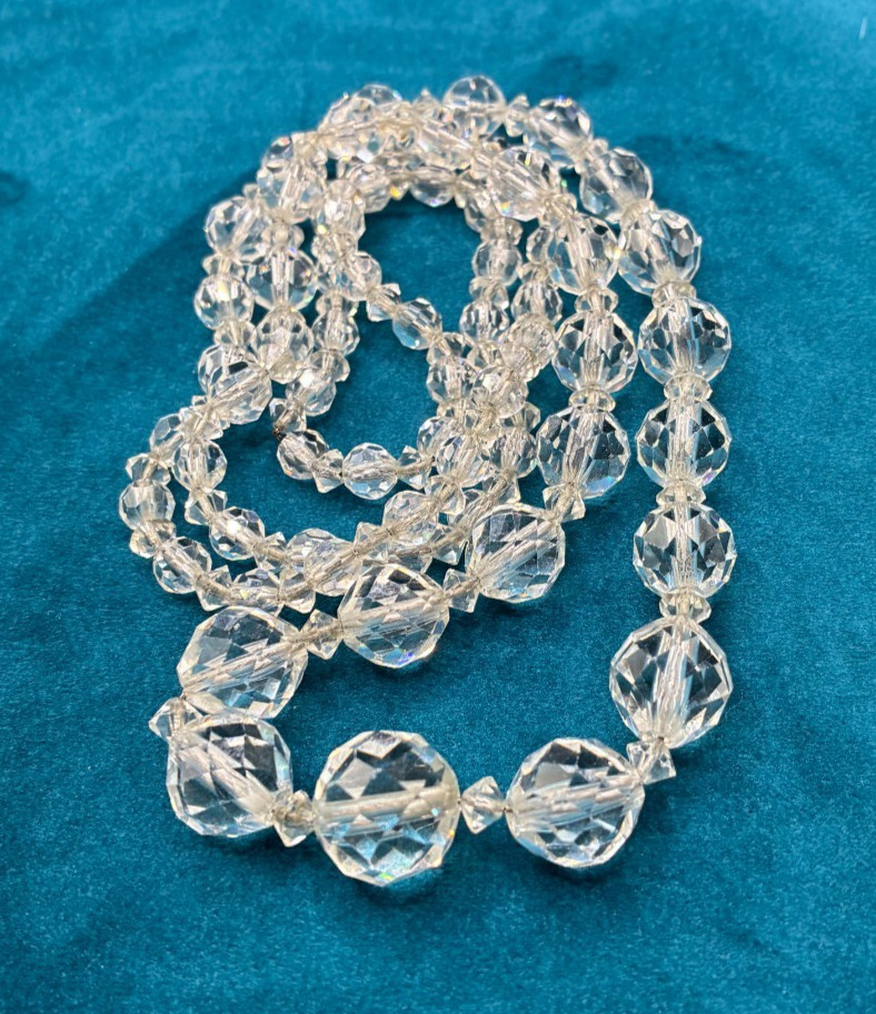 Vintage Beaded Necklace Faceted Graduated Crystal on Chain Long Circa 1920s 30″