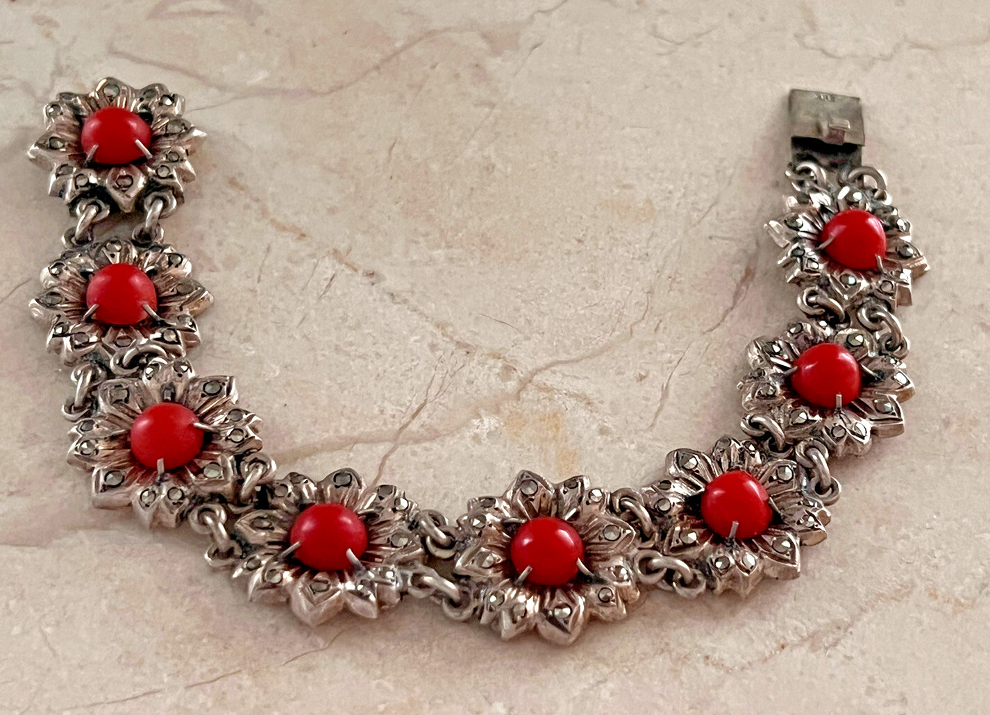 Antique Victorian 900 Silver Marcasite & Coral Link Flower Bracelet