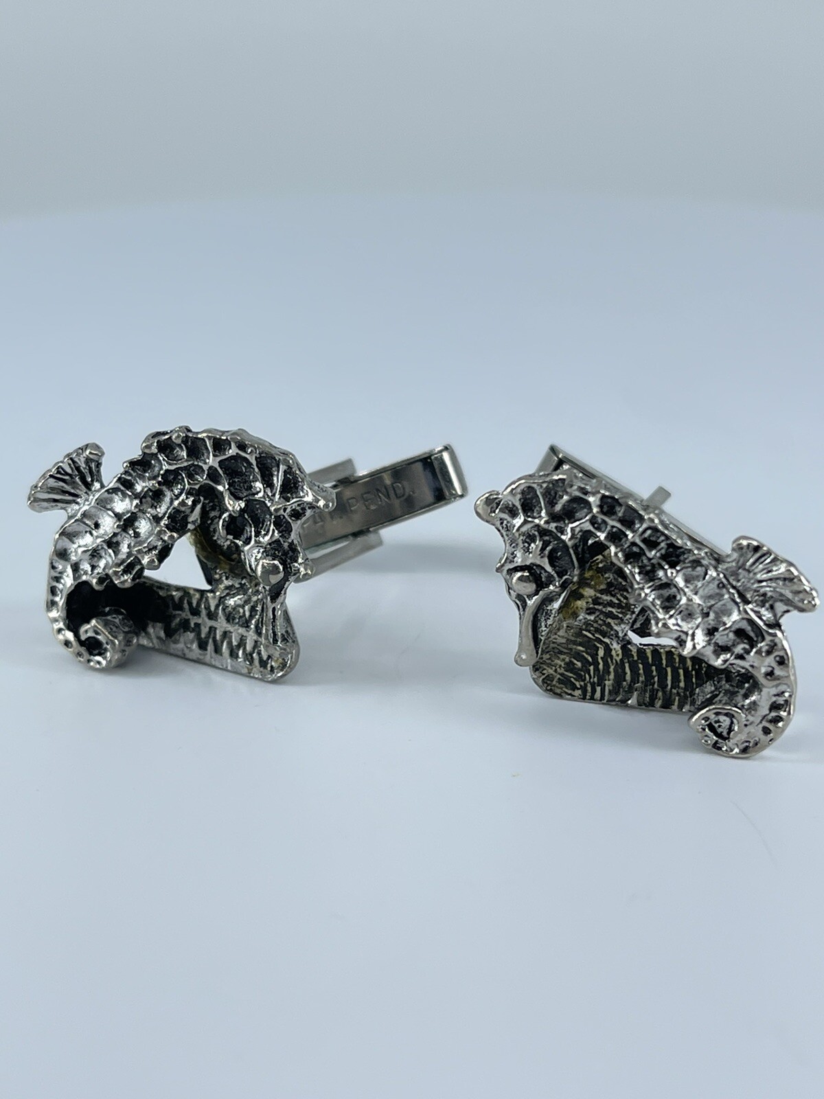 Vintage Seahorse cufflinks silver tone with black enamel accents 1-1/8″