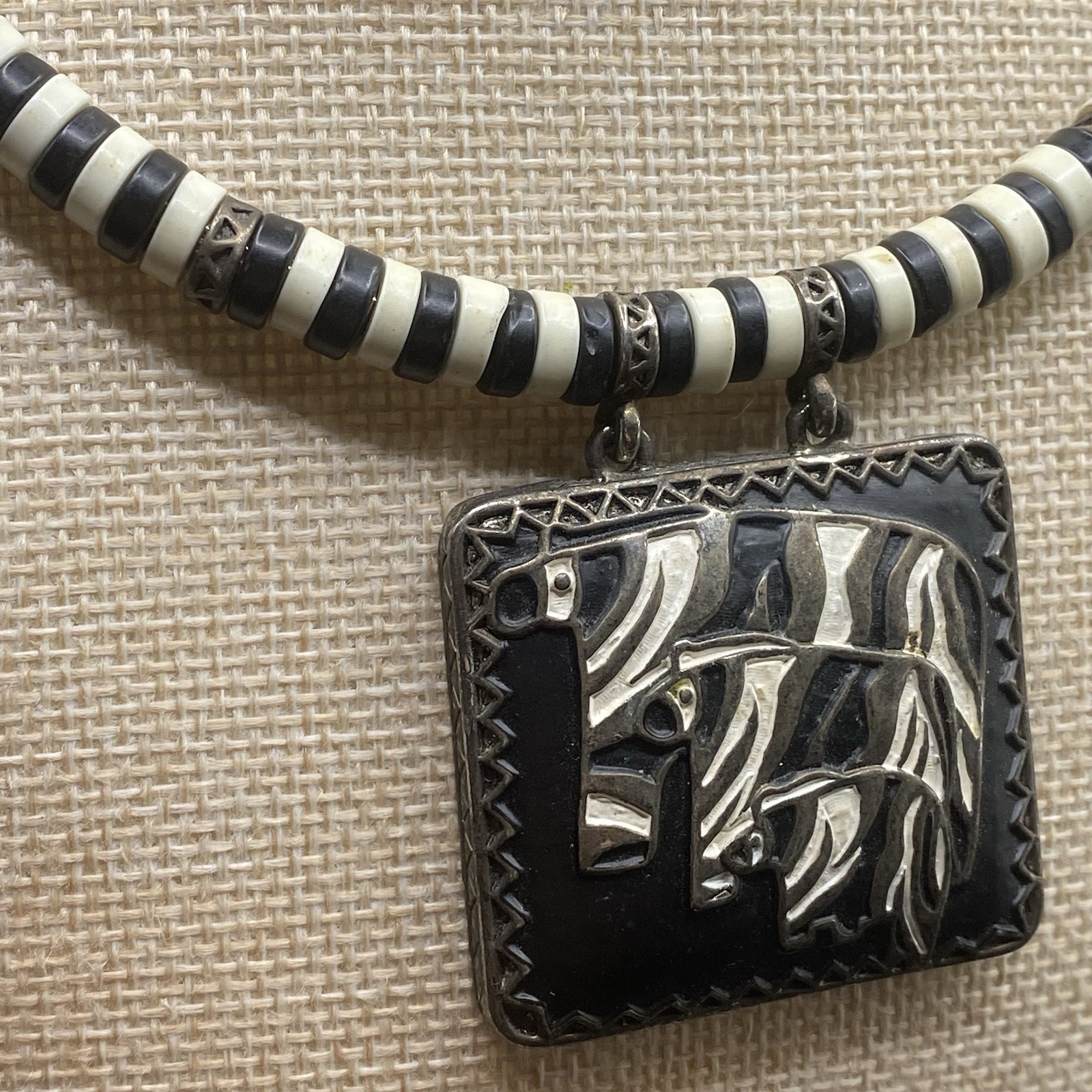 Tribal Zebra Black & White Beaded Safari Pendant Necklace