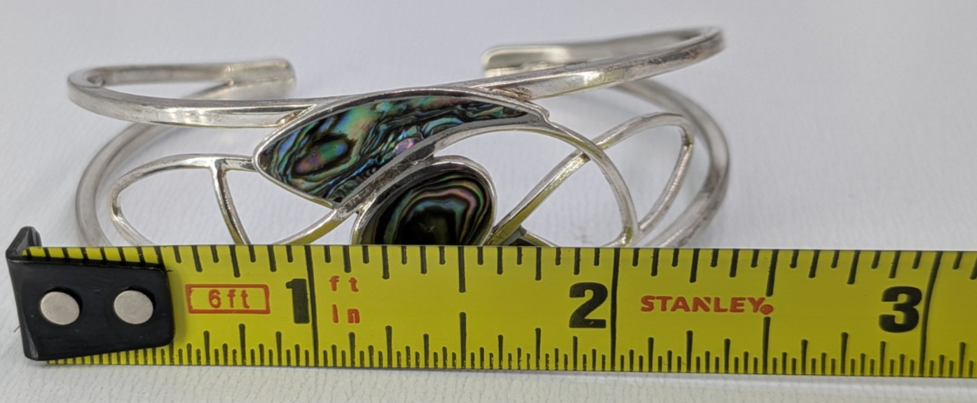 Vintage Abalone Shell Cuff Bracelet Silver Tone Openwork Swirl Small 6.5in Fit