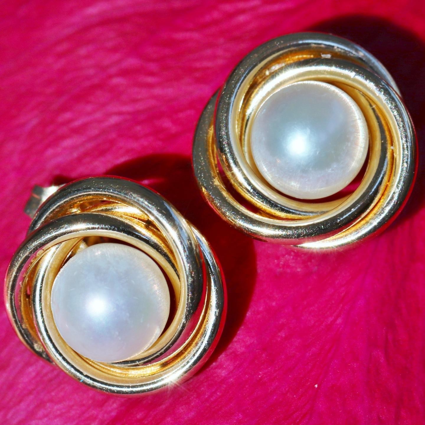 14k yellow gold earrings 5.3mm cultured freshwater pearl swirl stud 1.5gr N3011k