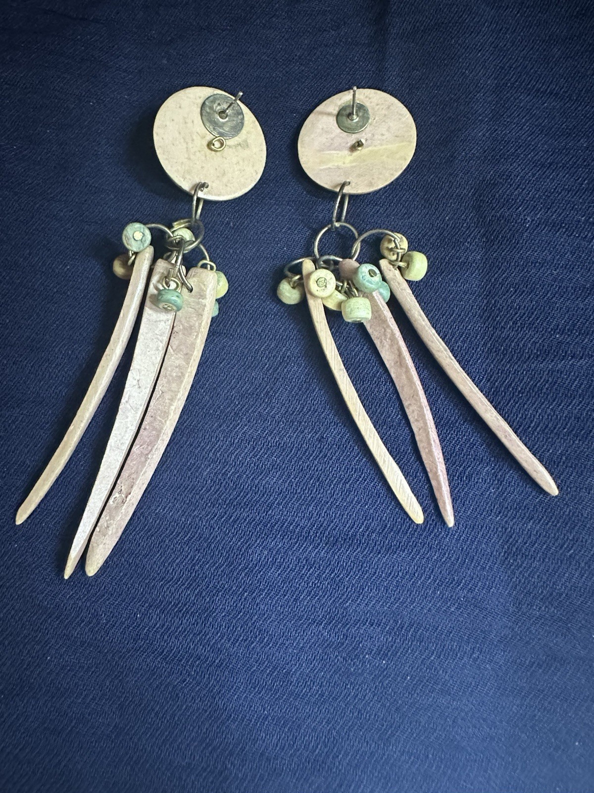 Vintage wood pierced earrings, brown, cream, green with gold tone metal. 3in