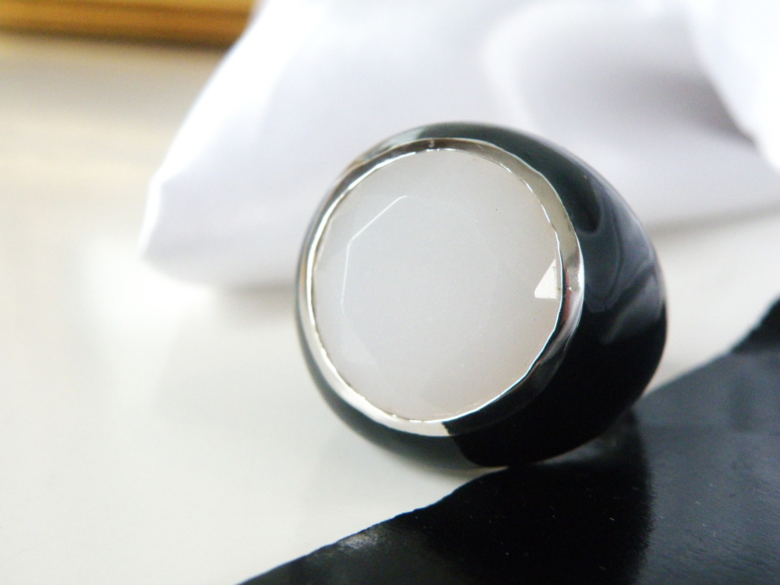 Vintage Sterling Silver 925 Quartz Black Enamel Bubble Statement Ring Size 8