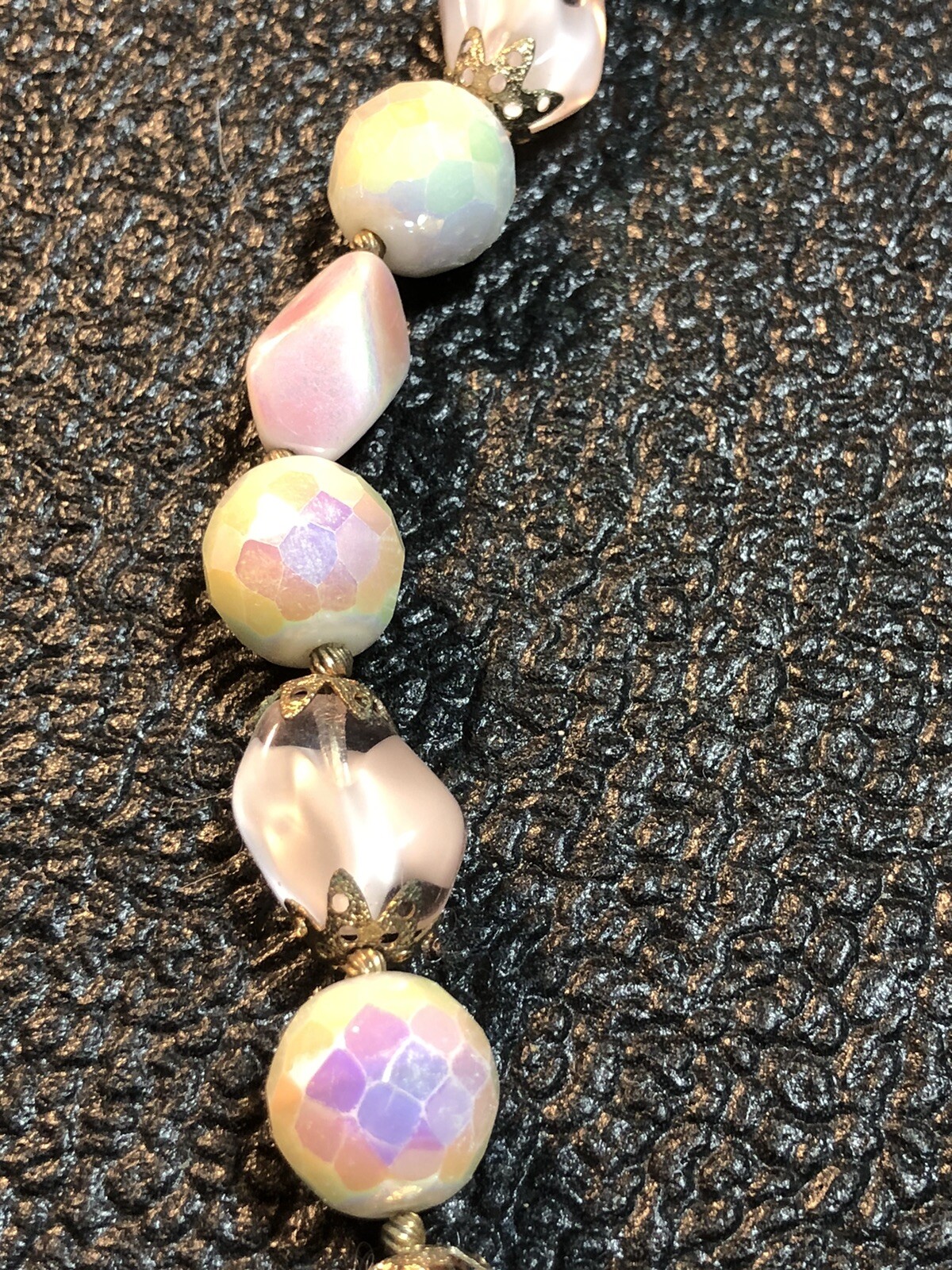 VTG Costume Jewelry Signed TRIFARI Charm,MOP Pinks,Purples,Greens Necklace 17.5”