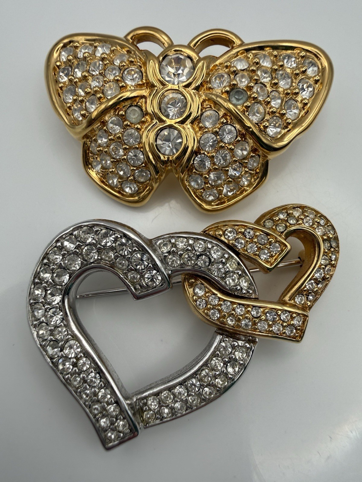 Swarovski Brooch Lot Butterfly Double Heart Gold Silver Tone