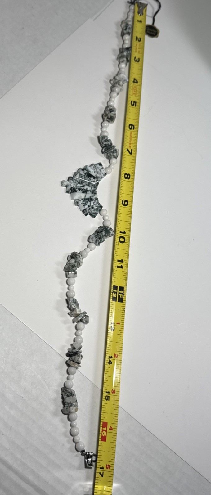 Moss Agate & White Bead Necklace Sterling Silver Clasp W/ Tag 17” Very Pretty