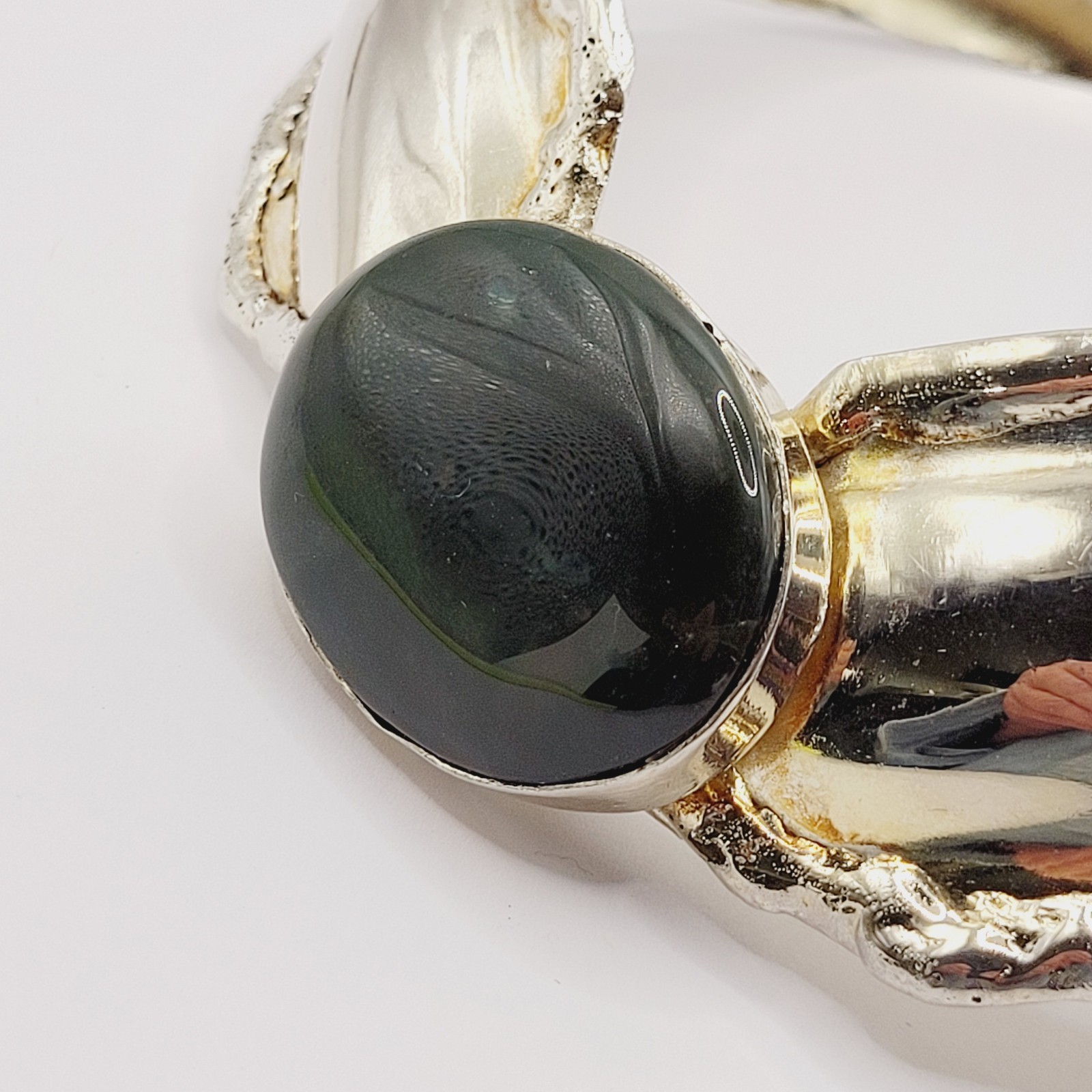 SW Style Collar Handmade Silver Tone Metal Green Agate Stone ROUGH Vtg Necklace