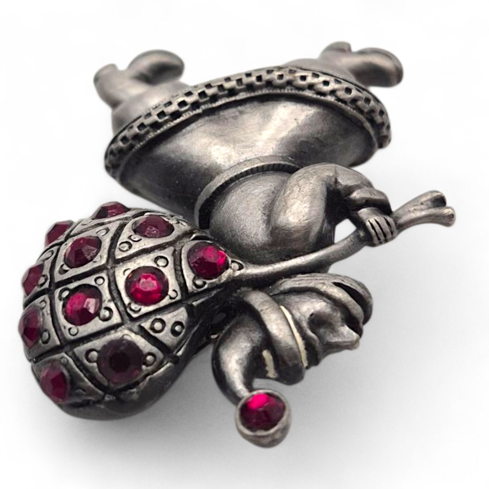 Vintage 1940’s Elf w/ Lattice Sack Brooch Red Rhinestones Pewter Look Metal