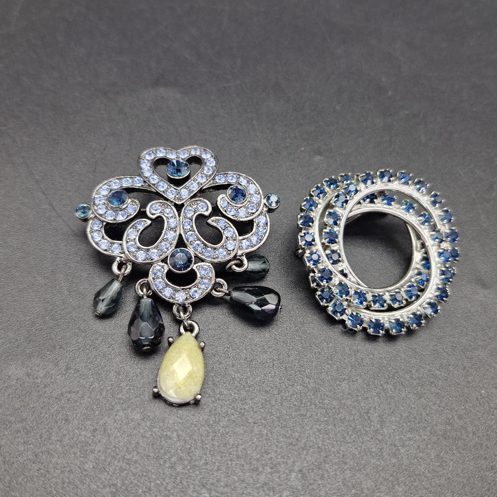 2 Vintage Silver Tone Sapphire Glass Rhinestone Brooches Deco Inspired 1.5-2″