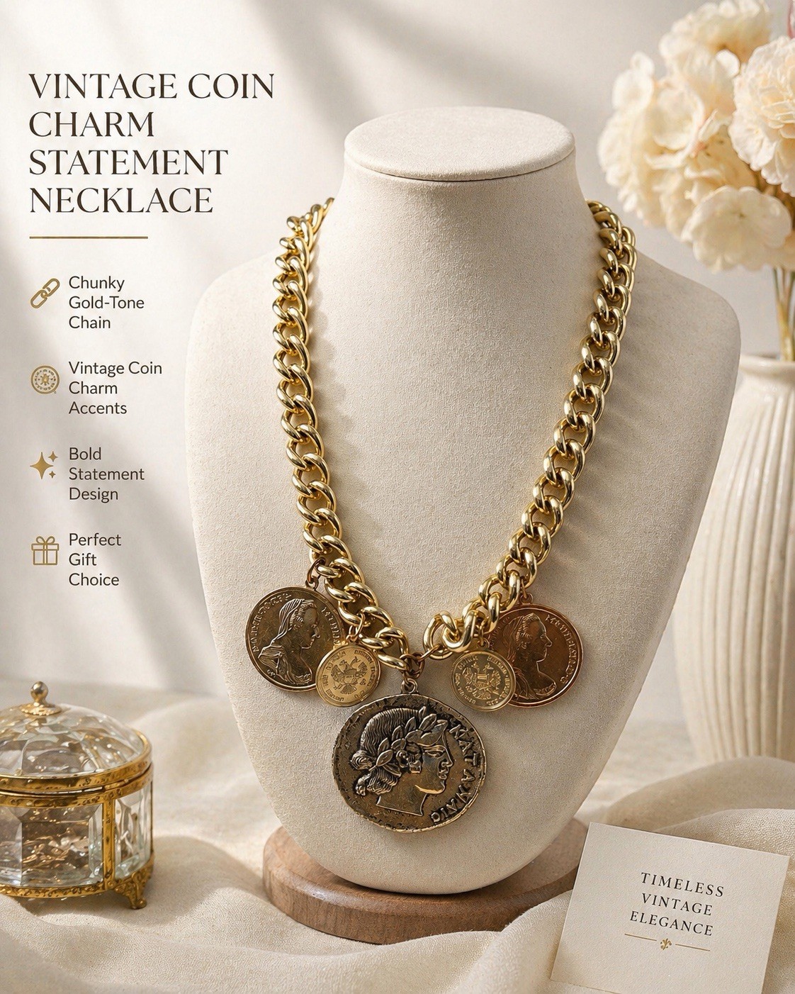 Vintage Heavy Chunky Gold Tone Roman Coin Necklace 128g Runway Statement Jewelry