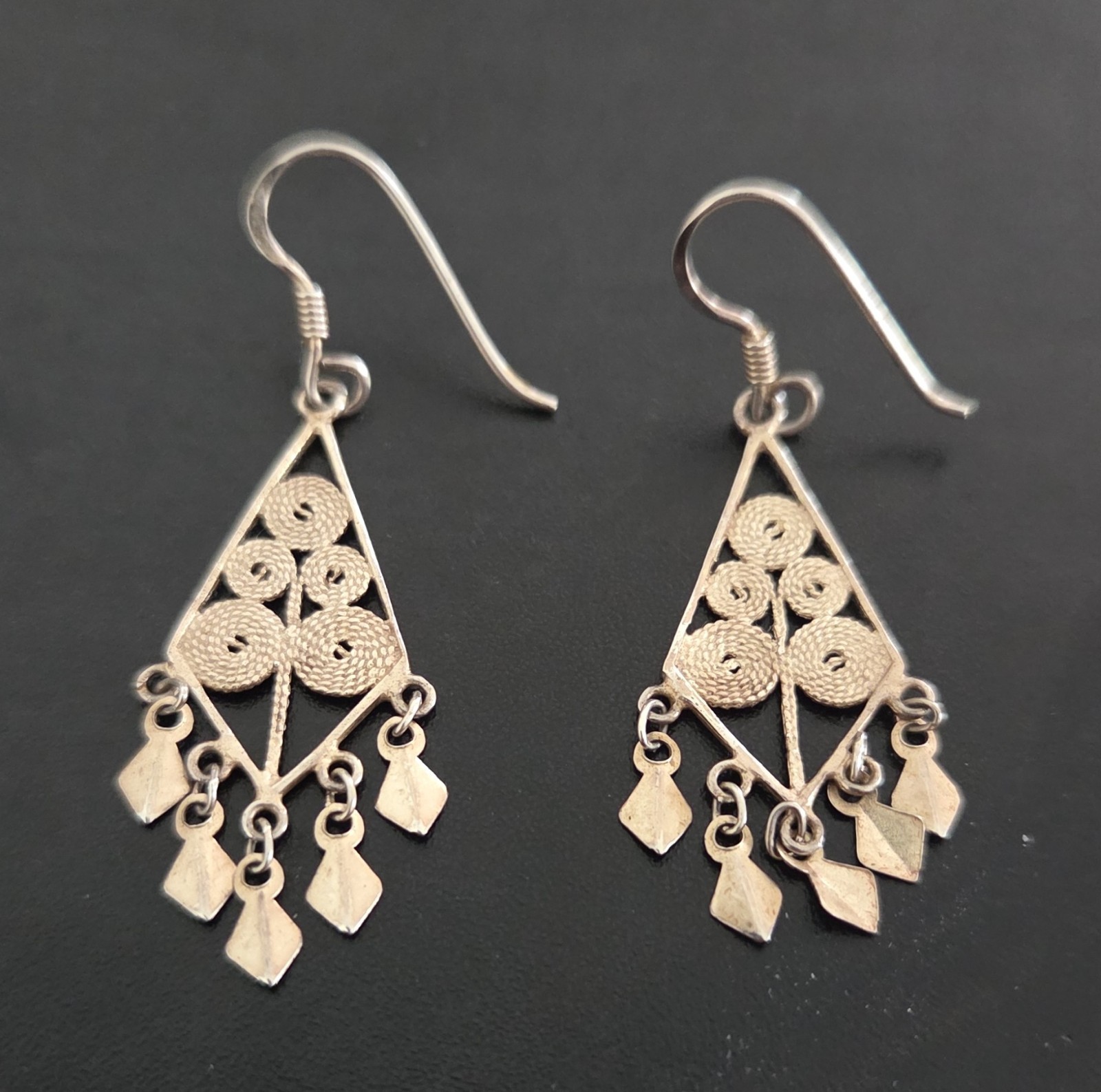 Vintage Sterling 925 Silver Earrings Filigree Dangle Drop Cannetille Chandelier