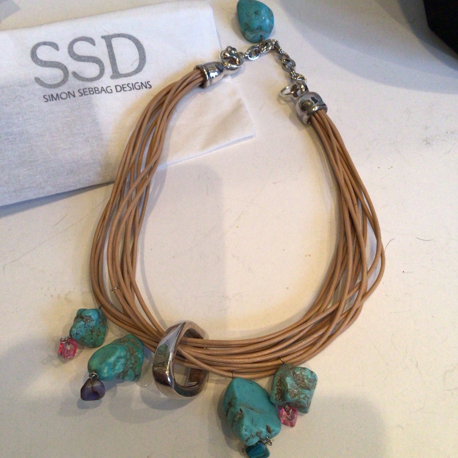 SPECIAL SEBBAG VON MUSULIN NECKLACE STERLING TURQUOISE LEATHER W PENDANT,EXTEND