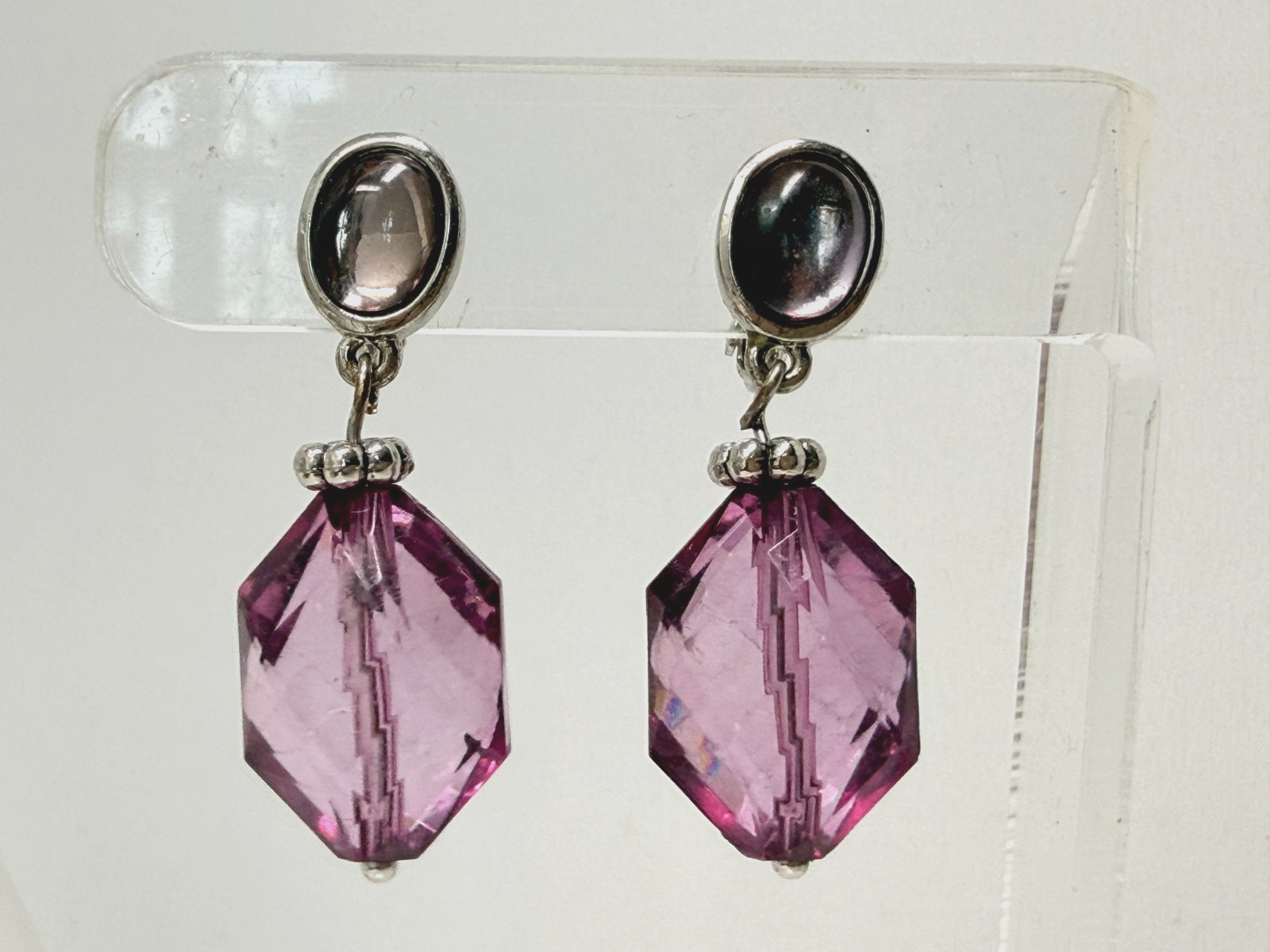 Purple Cabochon Acrylic Crystal Silver Tone 1.5″ Drop Dangle Clip on Earrings
