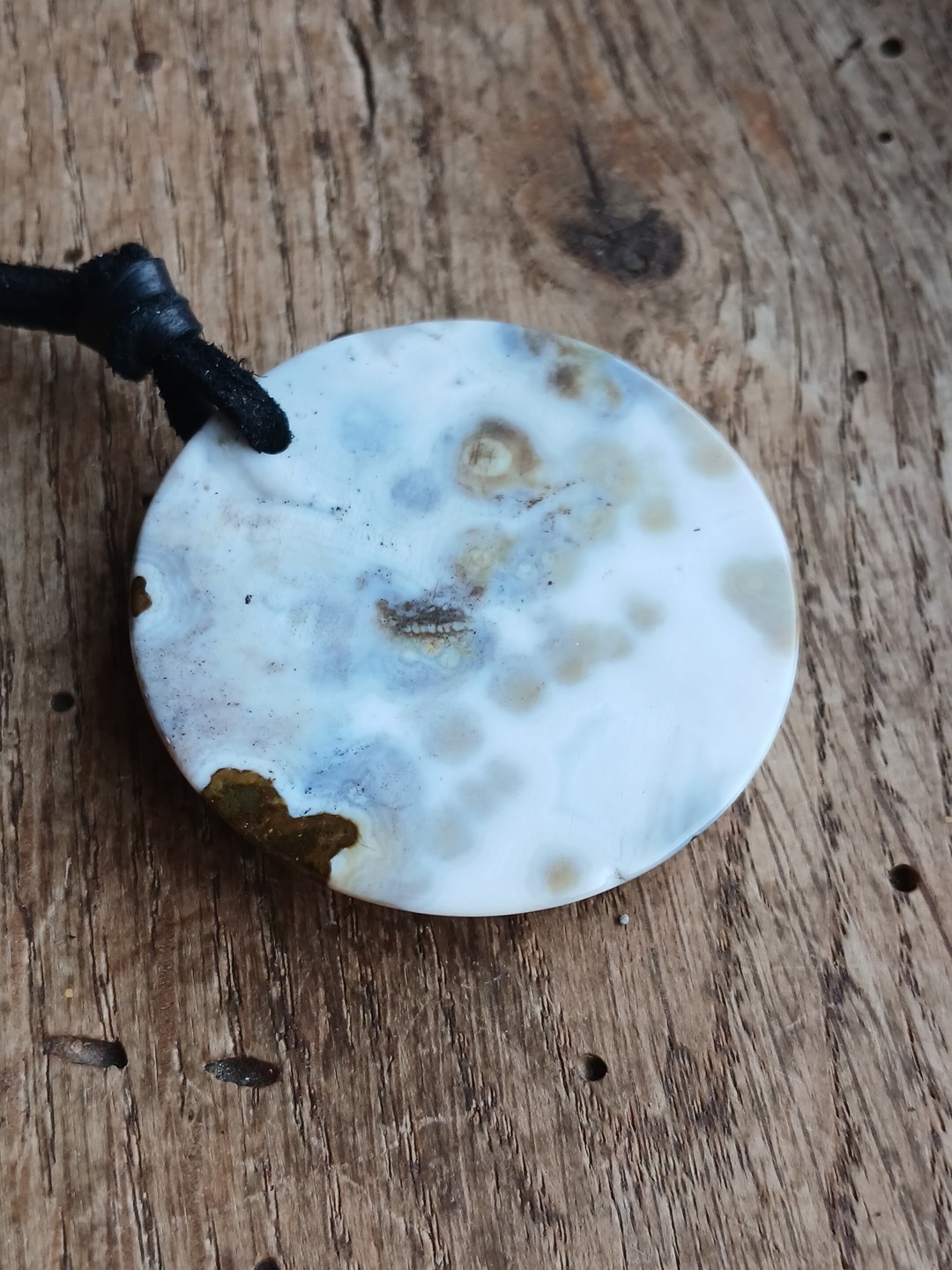 Ocean Jasper Necklace Leather Cord Hippie Boho Layering Beautiful Pattern Round